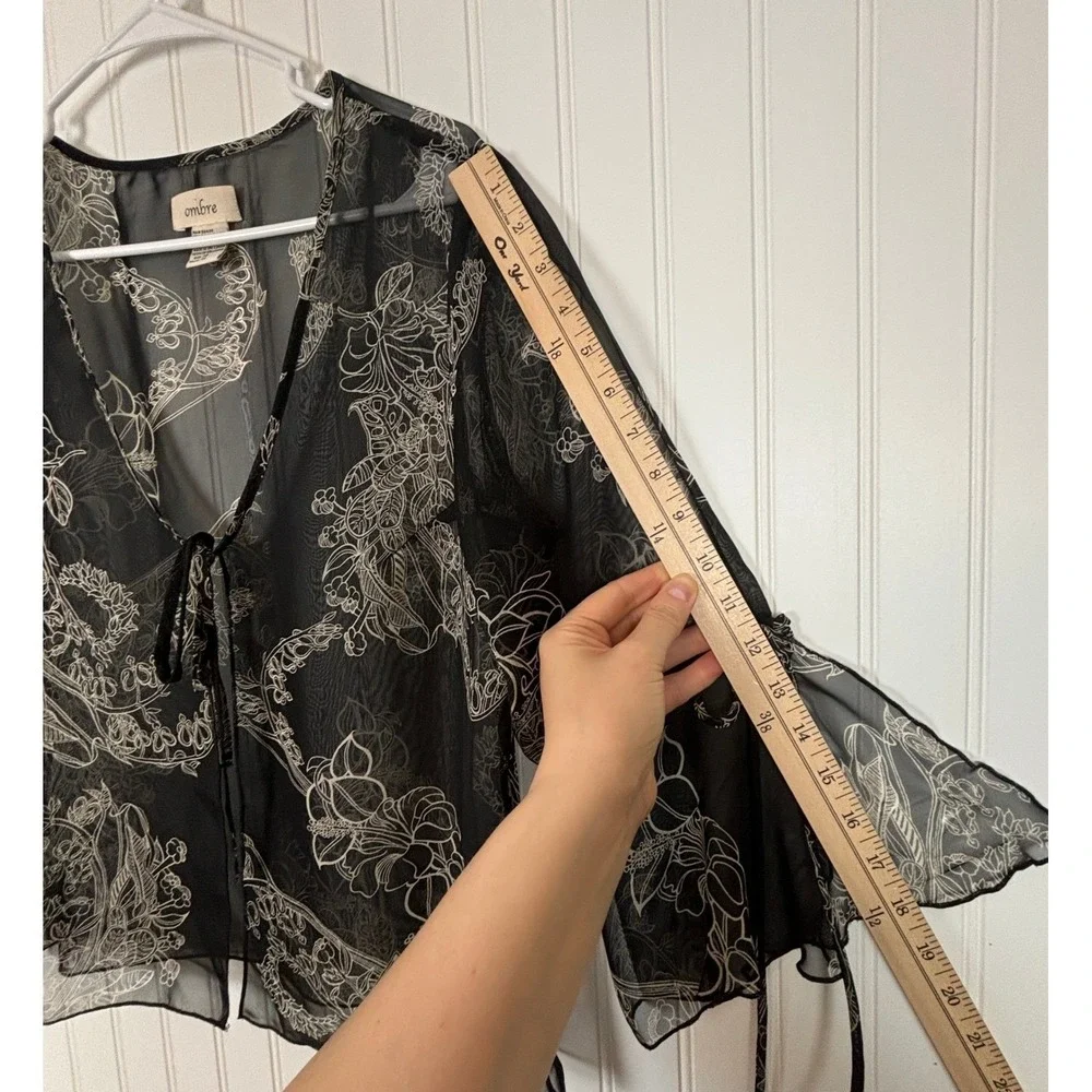 Floral Sheer Mesh Cardigan Black Tie Front Boho Fairycore Feminine Women Size 14